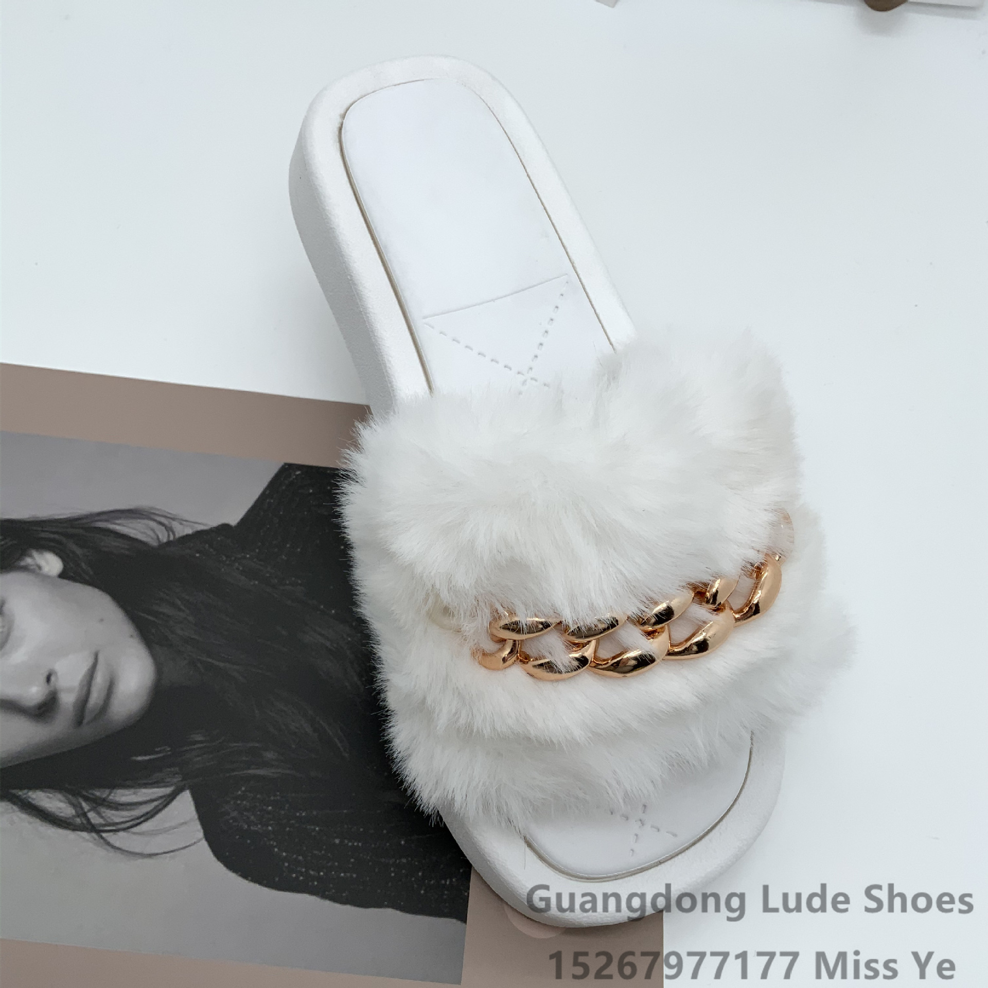 2022 New Women's Slippers Fuzzy Slippers Fashion Pearl Metal Buckle Soft Sole Thick Slippers Guangzhou Women's Shoes Specification drawing
