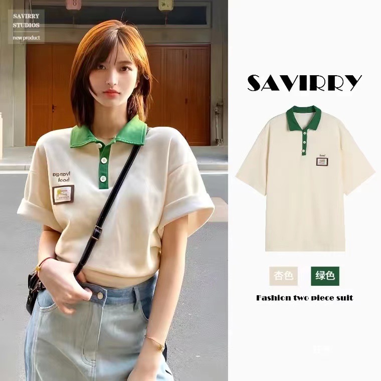 Straight-shoulder pure cotton short-sleeved T-shirt for women with POLO collar and half-sleeve design, a unique and loose Japanese retro style clothing for women on Instagram