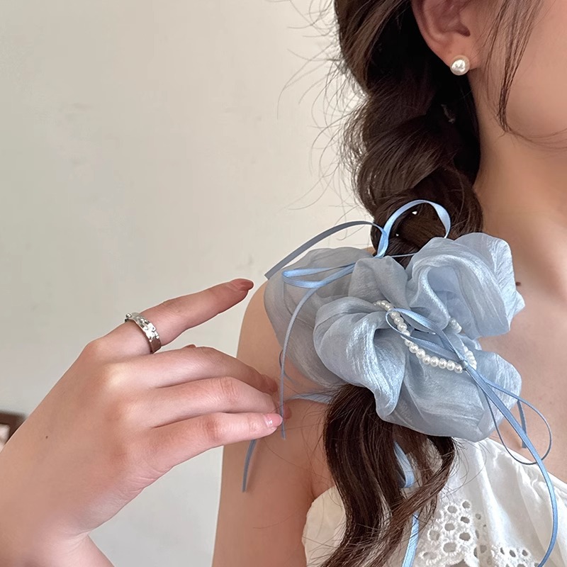 Spring Reverie ~ Super ethereal pearl chiffon large intestine hair band for women's high-end look, popular online hair tie 2025 New style, Instagram details Picture