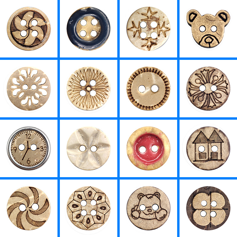 Coconut button, laser-patterned, retro hollowed-out coconut shell button, wide edge, colorful round shirt, oiled button, custom button Specification image