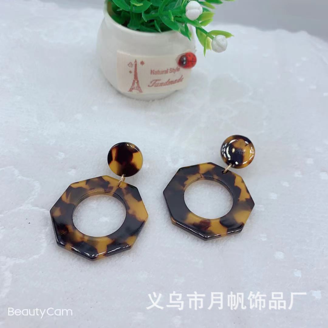 跨境。新款几何多边形醋酸耳环亚马逊热卖亚克力圆形镂空豹纹耳环