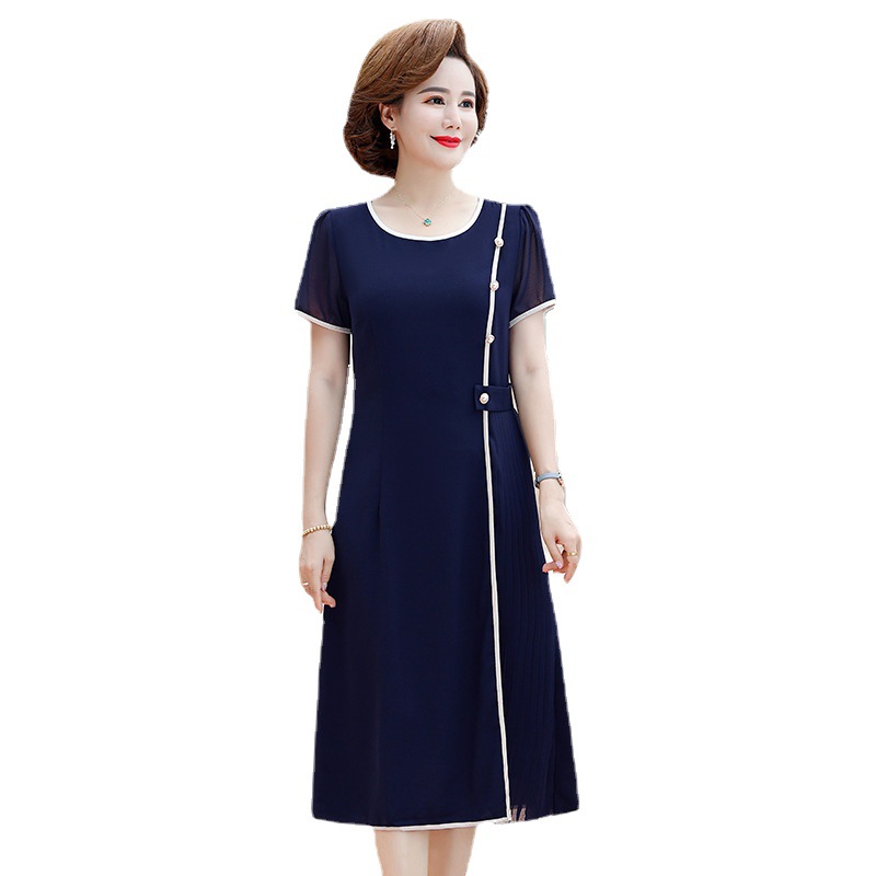 Mom's summer stylish dress for middle-aged women, new stylish summer short-sleeved chiffon long dress for middle-aged and elderly women Item Picture