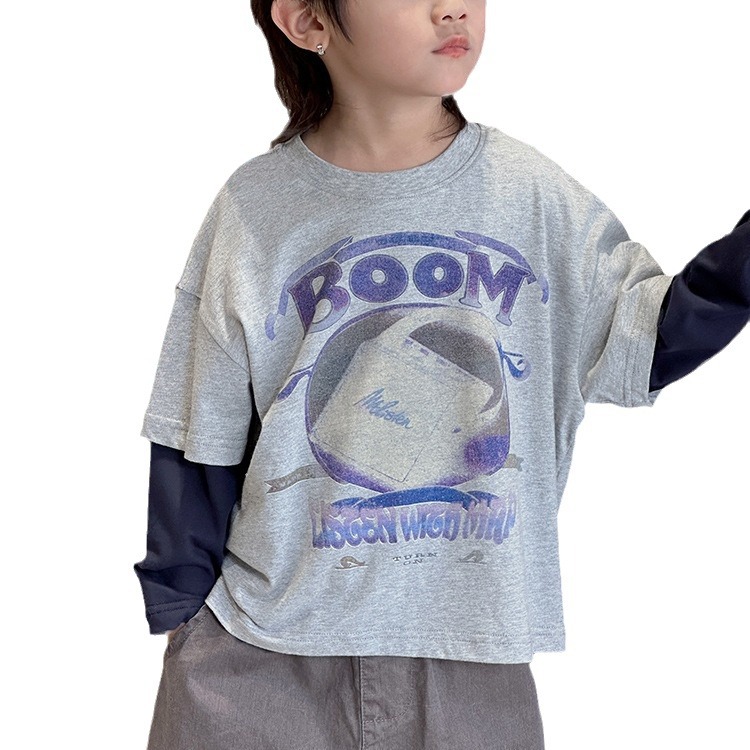 Children's spring and autumn versatile, fashionable and stylish printed round-neck base loose long-sleeved T-shirt 242196 Item Picture