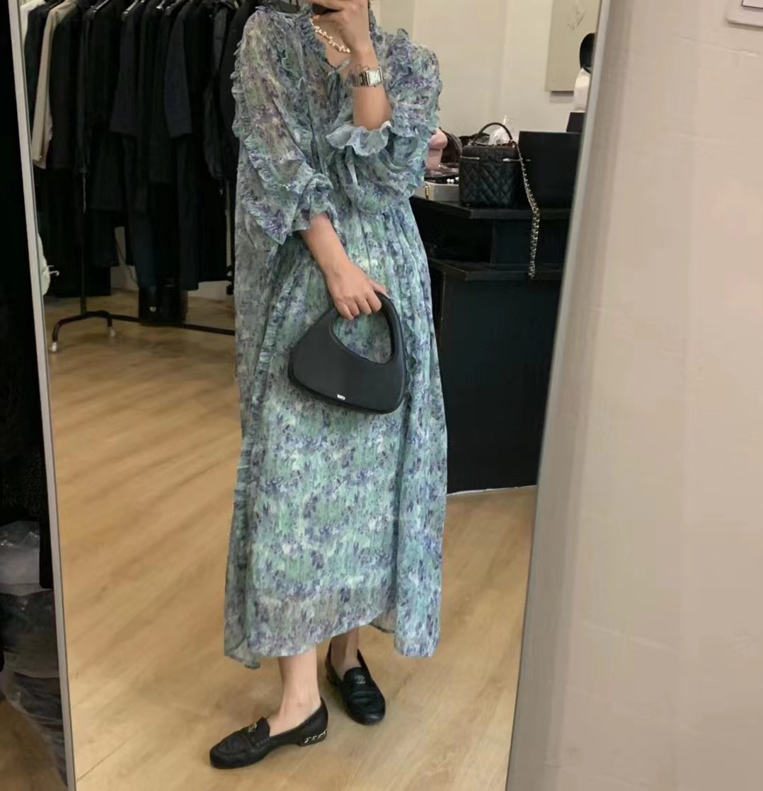 Verano 2022 nuevo coreano dongdaemun estilo francés pausa de té lánguida pintura al óleo sensación de color agaric borde floral vestido Specification image