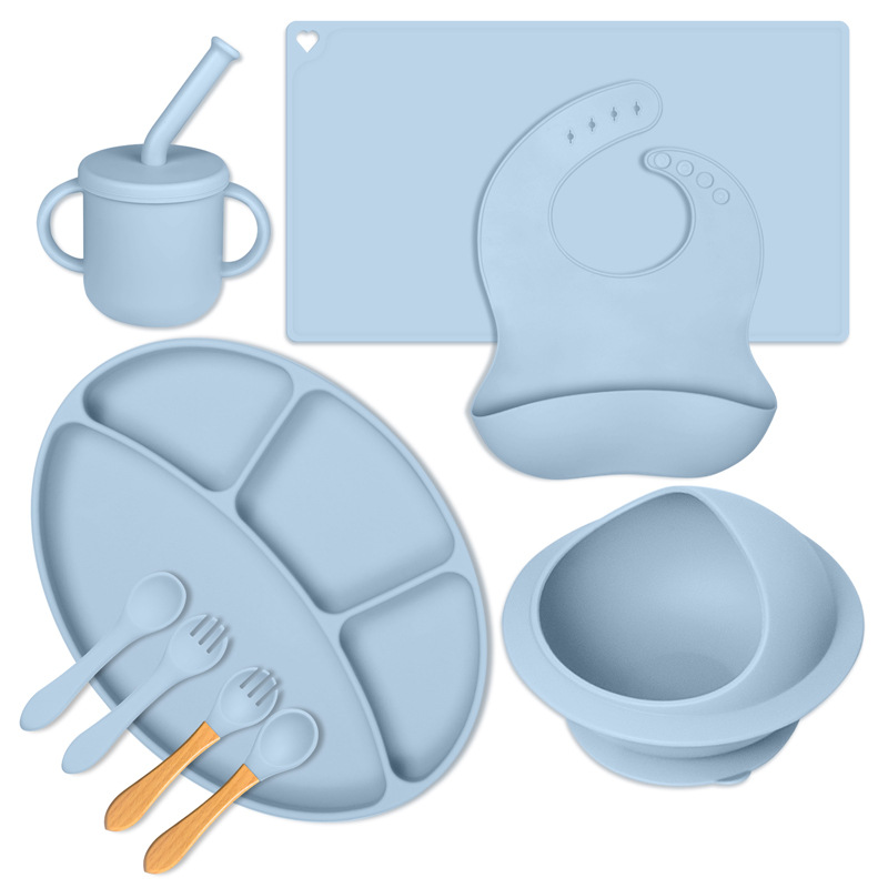 Amazon's best-selling baby silicone four-compartment dinner plate, oval baby tableware set, children's complementary food bowl, fork, spoon and bib details Picture