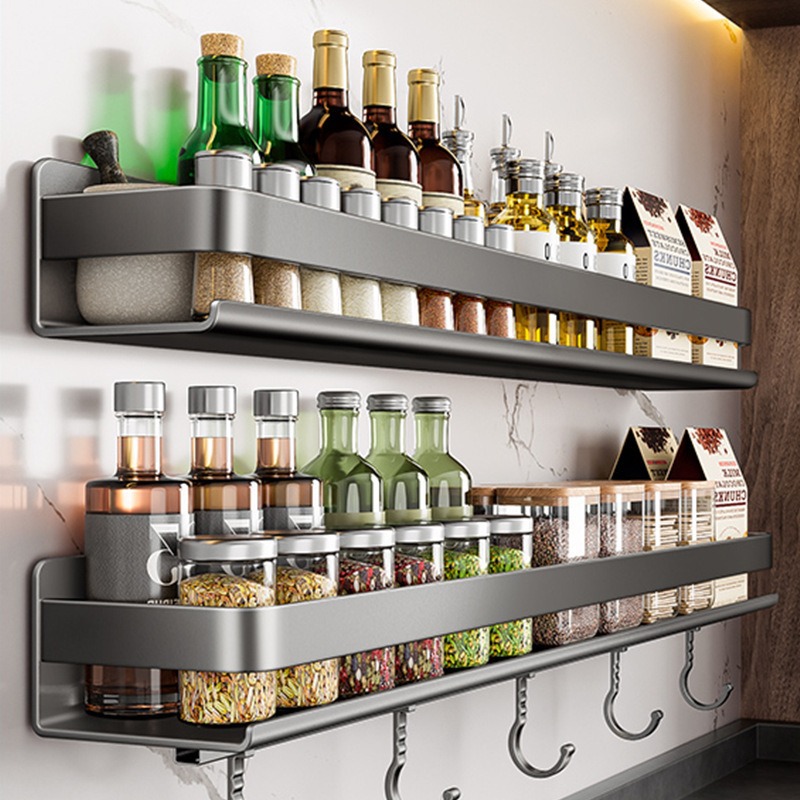 Gun gray stainless steel seasoning rack, wall-mounted non-drilling storage rack, kitchen seasoning bottle wall storage rack