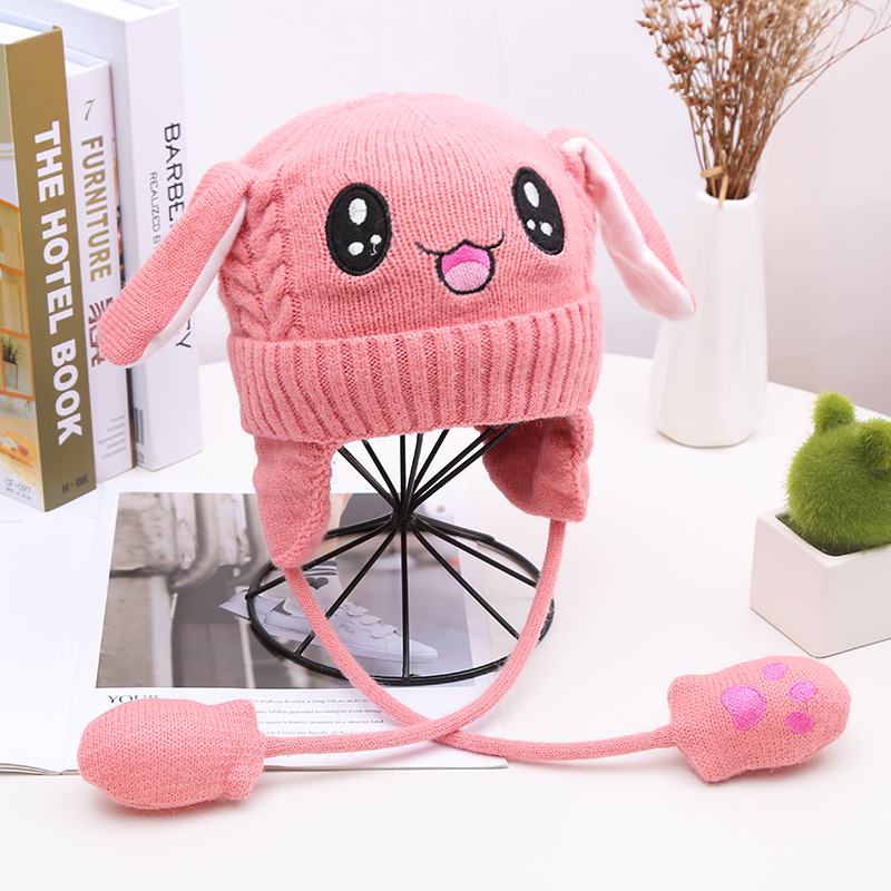 Gorro de punto para niños invierno peluche protección térmica sombrero de conejo sombrero que mueve las orejas gorro de esquí al aire libre Item Picture