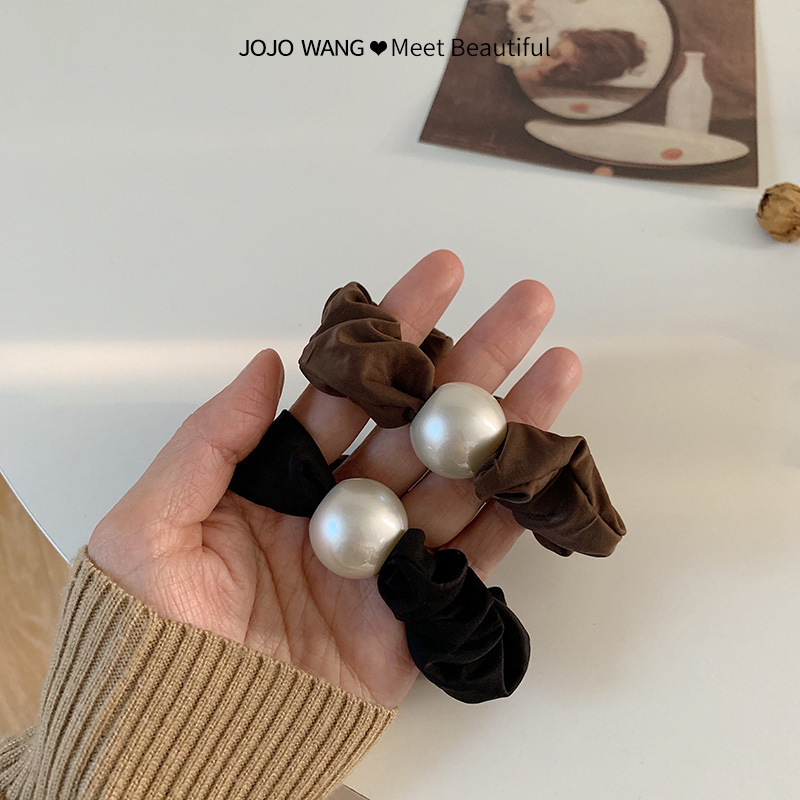 Premium Pearl Black Large Scrunchie Leather Band Hair Accessories Simple Velvet High Stretch Headband All-Match Headband Headpiece