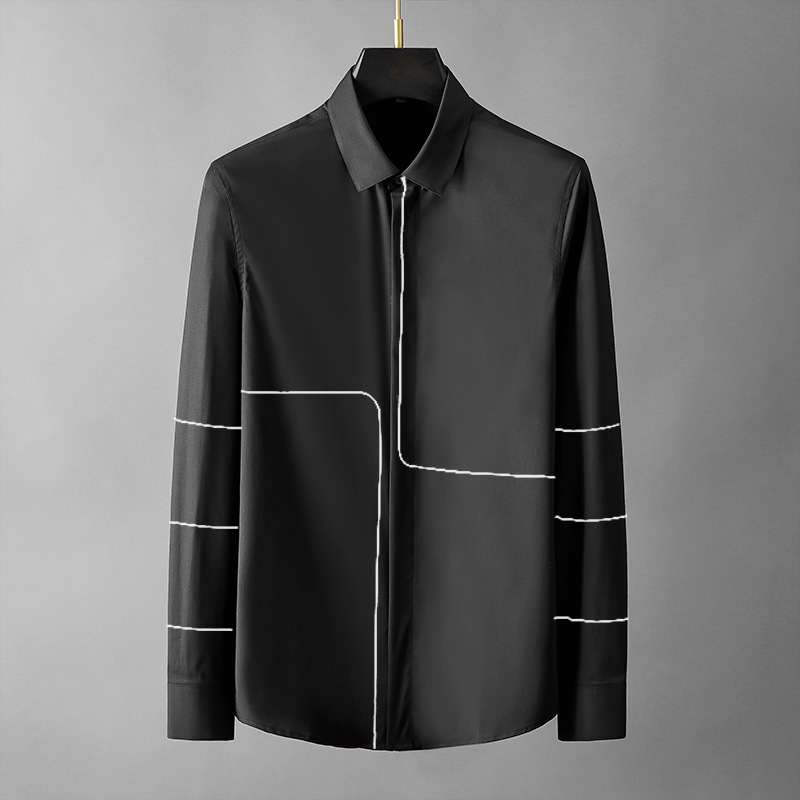 A new European-style simple and elegant solid-color shirt for men's spring and summer, featuring geometric pattern embroidery and a fitted business long-sleeved shirt details Picture