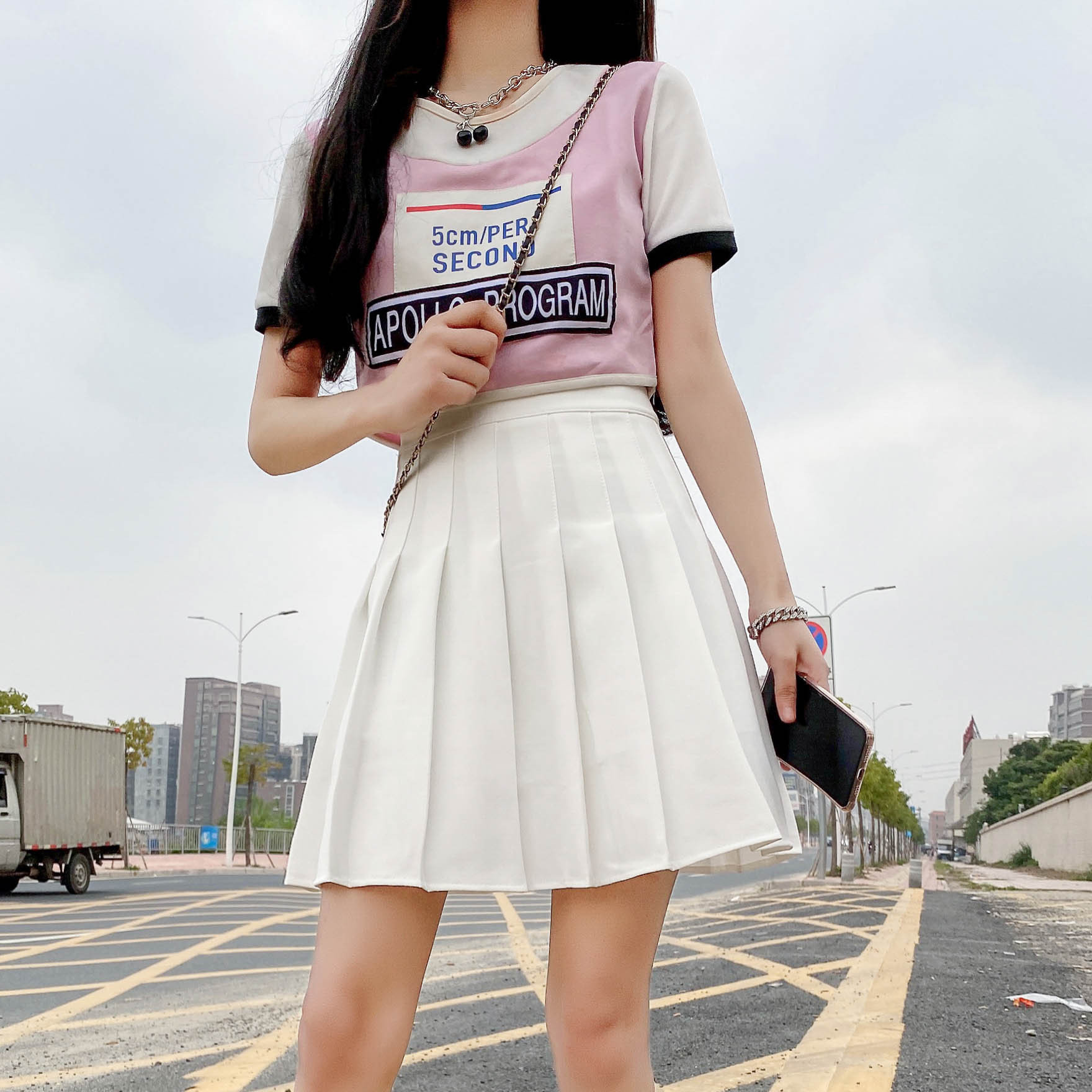White jk pleated skirt, spring and autumn school style, high-waisted A-line skirt, slimming and versatile skirt, grey short skirt for women