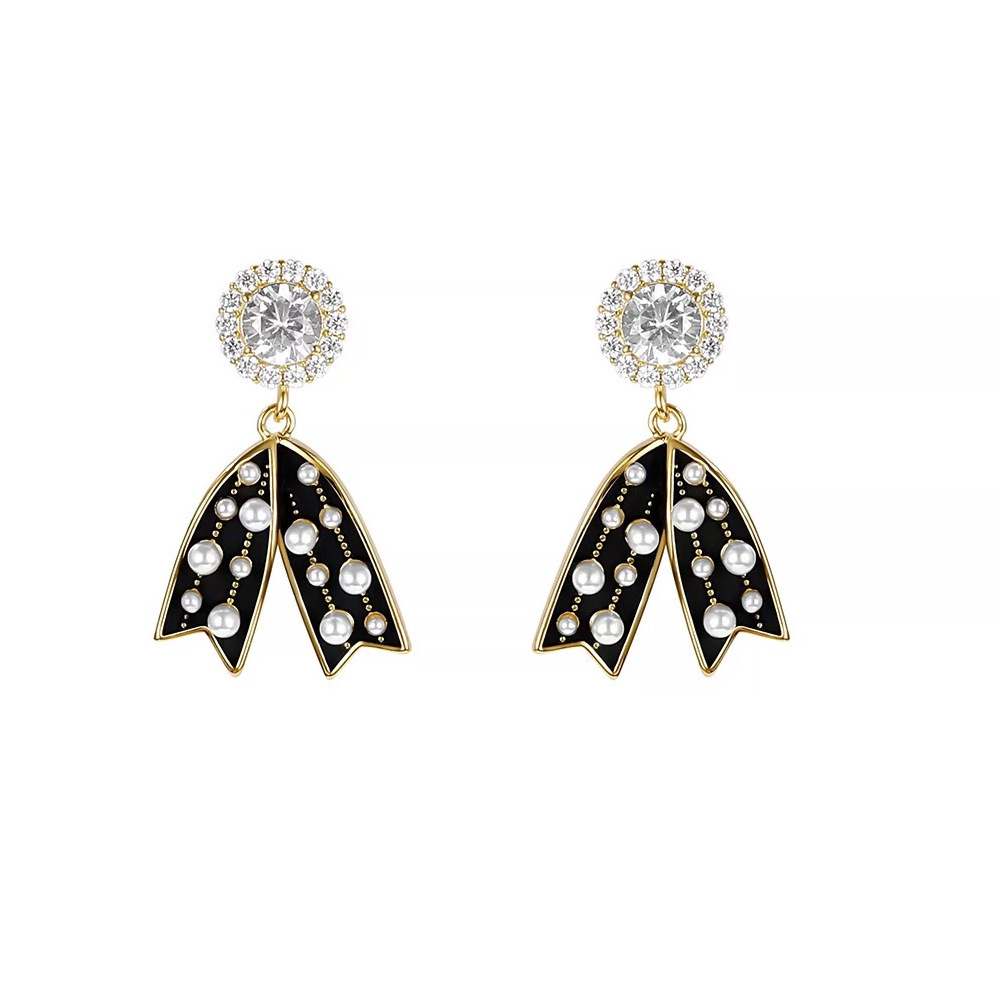 French elegant micro-inlaid zircon polka dot bow earrings, Hepburn style high-end polka dot pearl glazed earrings Item Picture