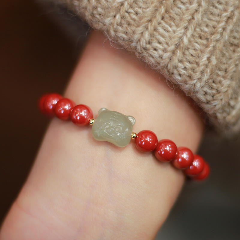 Cinnabar and Hetian jade tiger bracelet for men and women, imperial sand tiger, full of vigor and power, single-ring bracelet, gift and accessory for the zodiac year details Picture