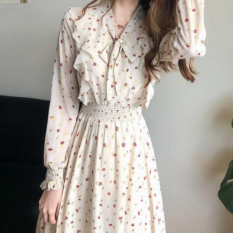 Chiffon floral print dress, slimming summer new women's long-sleeved base dress, French bow slimming long dress Specification image