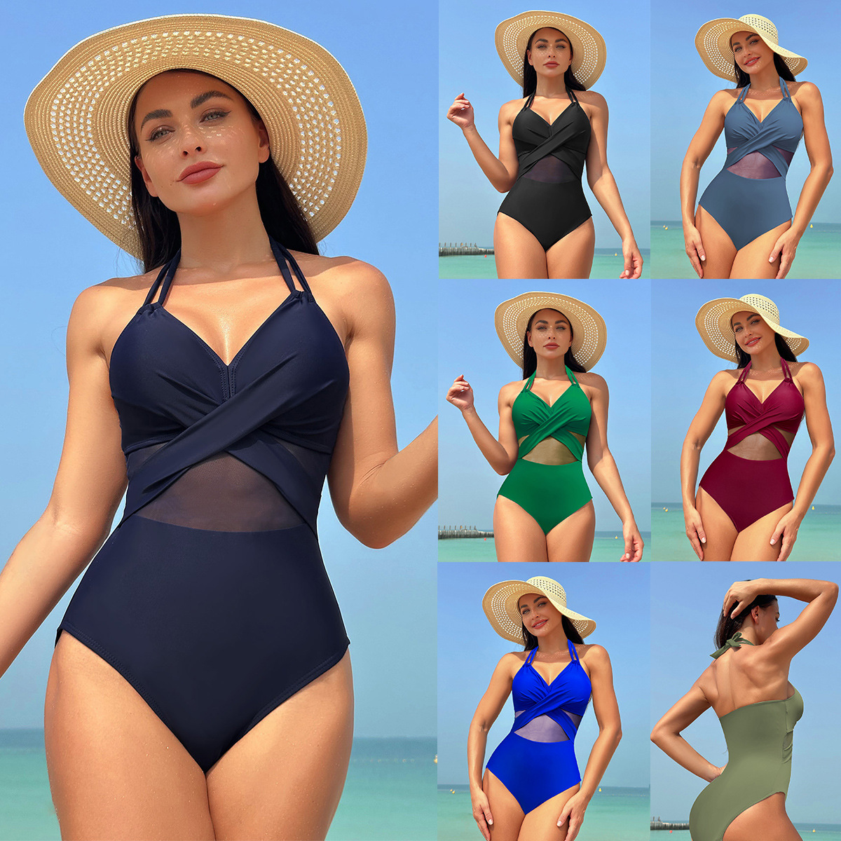 2024 New European And American Amazon Cross-Border One-Piece Swimsuit Women's Solid Color Mesh Bikini Bikini Wholesale