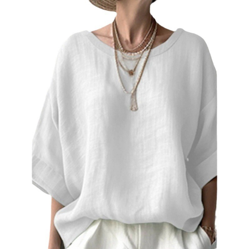 2024 cross-border new product solid color comfortable and casual round-neck cotton and linen off-the-shoulder loose and slimming women's large-sized shirt in stock full figure