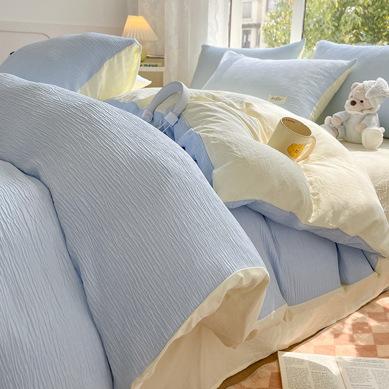 Waffle brushed four-piece bedding set, washed cotton bed sheet and duvet cover, student dormitory single bedding set details Picture