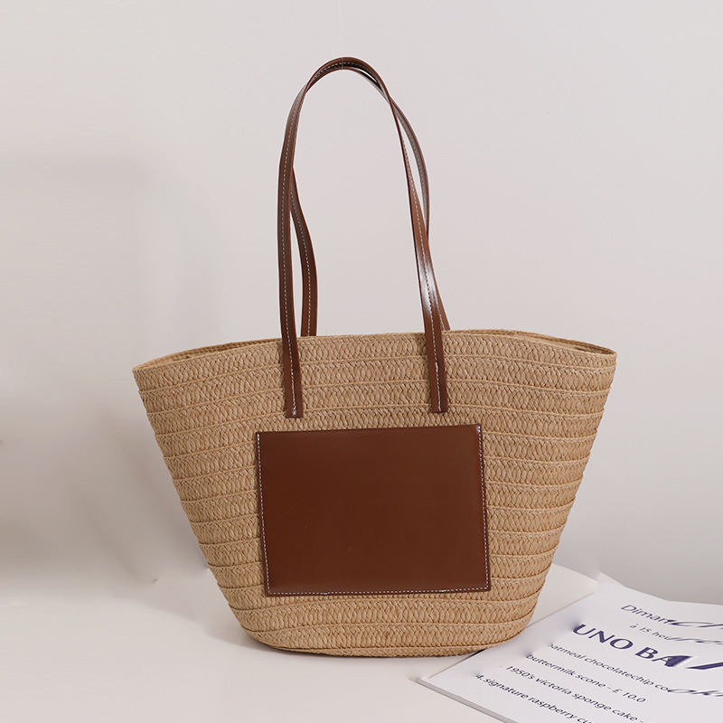 Custom Cross-Border Simple Single Shoulder Straw Bag Large Capacity Straw Bag Braided Bag Tote Bag Women's Seaside Holiday Beach Bag Specification drawing