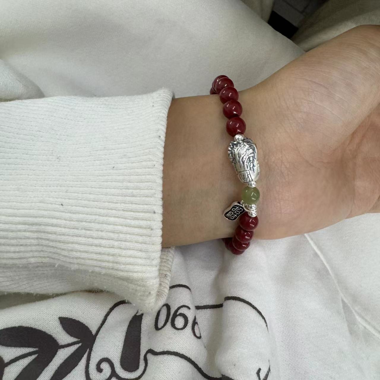 百财招财纳福朱砂手串足银999手链小众手串情人节礼物送女友