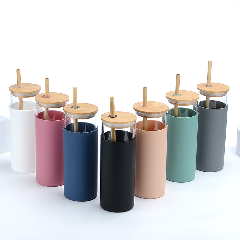 Off-The-Shelf Amazon Cross-Border Bamboo Cover Single-Layer High Borosilicate Glass With Silicone Straw Cup Logo Printing details Picture