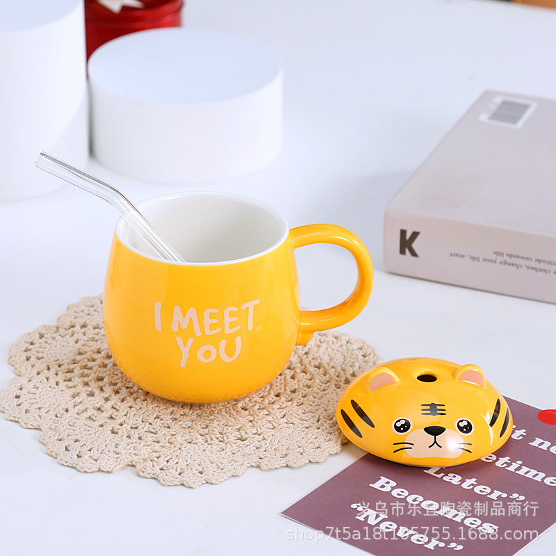 Creative Mug Little Tiger Round Cute Ceramic Cup Personality Girl Drink Cup With Hand Gift Straw Specification drawing
