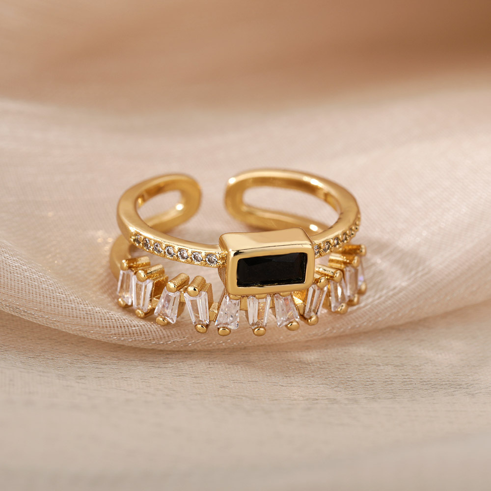 Kimoj's New Ring, Cross-Border Jewelry Supply From Europe And America, Geometric Double-Layer Ring, Slightly Set Zircon Ring, T-Shaped Zirconium Retro And Fashionable Tail Ring For Women Specification drawing
