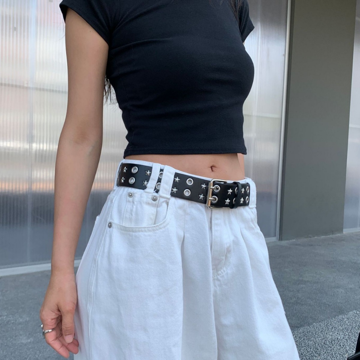 American hip hop belt women's new wide belt senior sense punk wind willow nail black casual ins belt