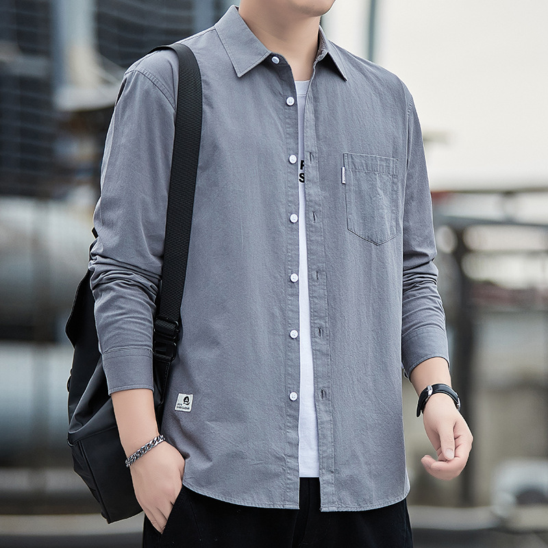 春秋季新款男士纯棉长袖衬衫港风休闲百搭纯色工装衬衣外套韩版潮