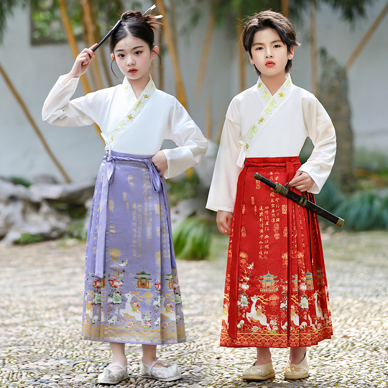 National Trend - Hanfu for boys and girls, Chinese-style performance costumes, girls' super ethereal Chinese style Tang suits, children's horse face skirts, ancient costumes, traditional Chinese culture evening gowns Application Scenario