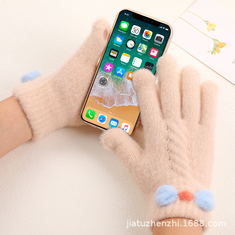 冬季手套女加绒加厚五指学生可爱针织防寒骑行可触屏保暖骑车手套