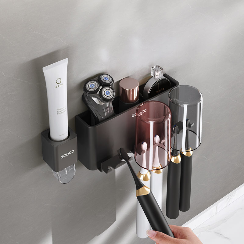 Home wall hanging mouthwash cup set Advanced sense ins perforation-free family of four toothbrush cup shelf storage rack details Picture