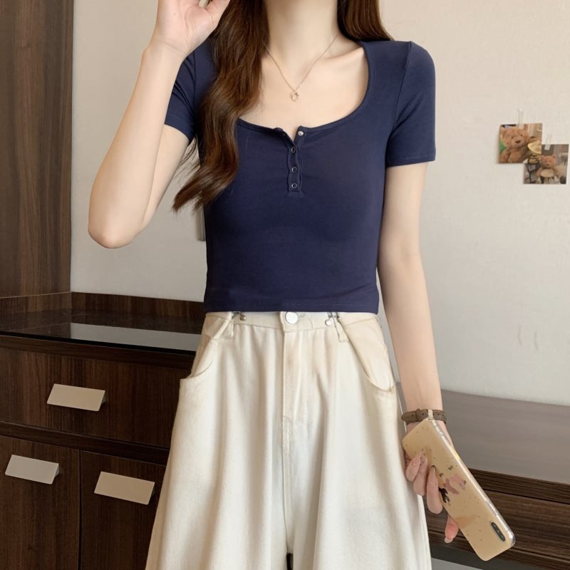 2024夏季新款方领纽扣短袖T恤女装修身高腰短款时尚百搭ins潮代发