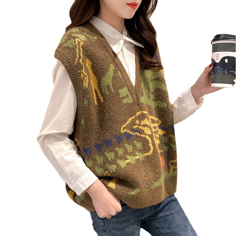 Women's V-Neck Pullover Sweater Loose Fashion Jacquard Vest Knitted Mini Vest Thickened Winter 2021 New Trend Item Picture