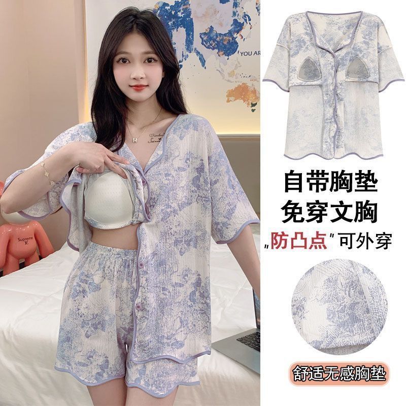 Pajama female summer teenagers come with a nude chest pad, sweet and elegant, casual style, fashionable printed pattern home wear Application Scenario