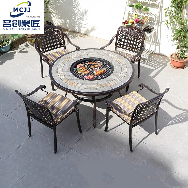 户外烧烤桌椅别墅家用碳烤台露天餐桌烧烤椅铸铝室外休闲庭院桌椅