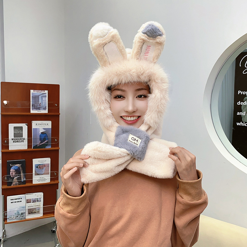 兔耳朵保暖护耳毛茸茸两件套加厚毛绒可爱帽子女骑车冬天帽子