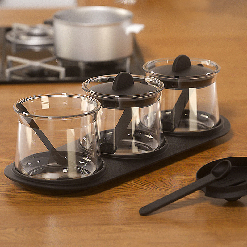 日出带托盘玻璃调料瓶3件套厨房用品带定量勺调味罐套装盐罐跨境