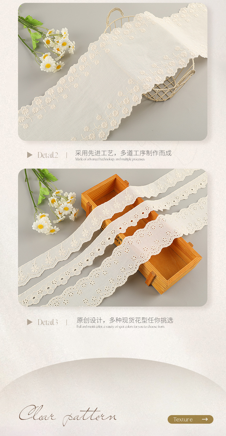 Perforated cotton lace, water-soluble embroidery cotton lace, diy handmade Lolita lace accessories in stock pic 4