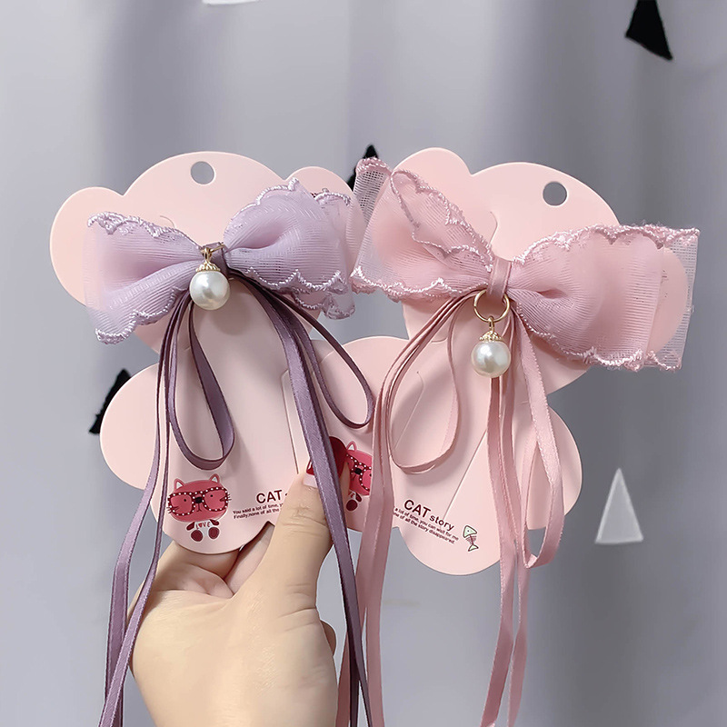 Children's Super Fairy Pearl Bow Headwear Baby Ponytail Streamer Braided Hair Clip Summer Tie Hair Headwear Wholesale