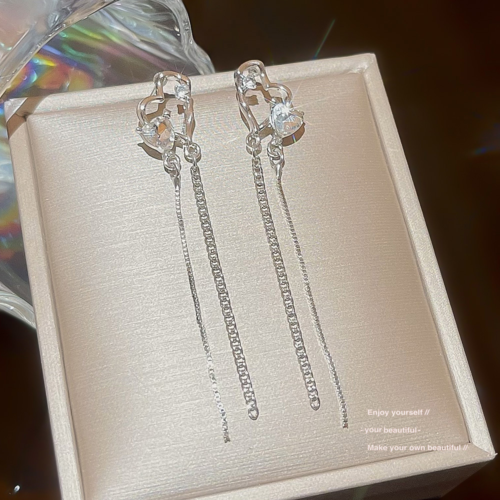 S925 Silver Needle Heart To Heart Zircon Tassel Earrings Women's Advanced Sense New Stud Earrings Network Red Love Minority Earrings