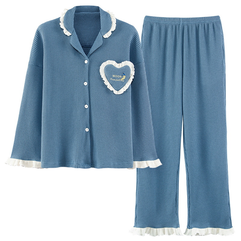The new autumn and winter women's Waffle style home wear, lapel, long-sleeved shirt, long pants and pajama set can be worn outside and sent in one piece Item Picture