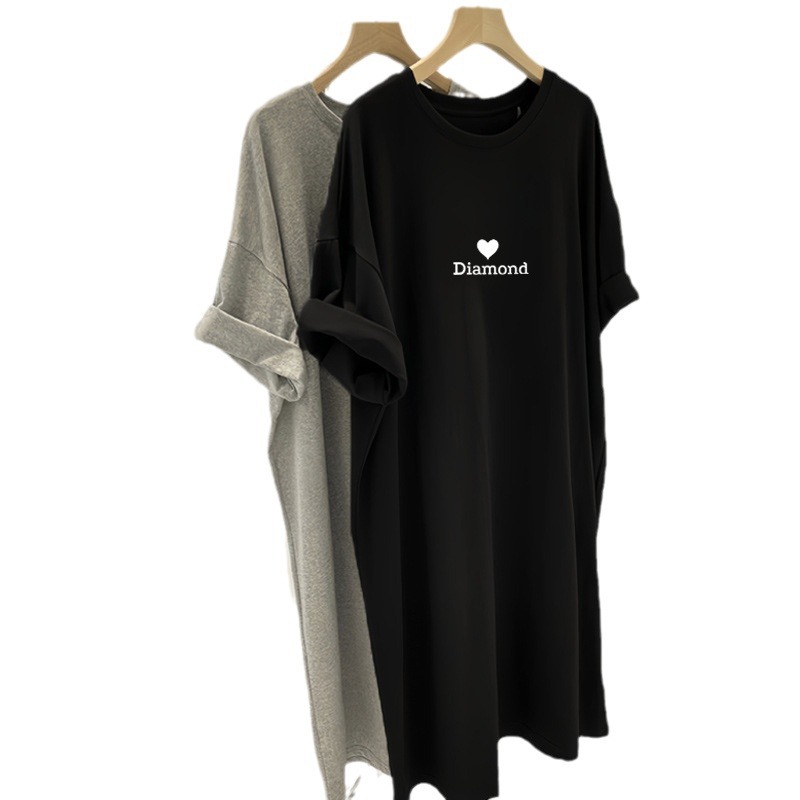 Casual short-sleeved dress for women's summer 2024 new style, mid-length, waist-cinching, slimming and belt-concealing printed T-shirt dress Item Picture