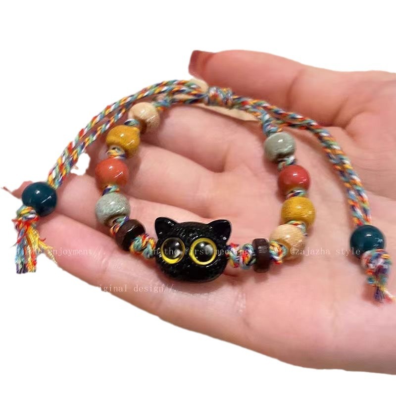 Skull cat ceramic woven bracelet, a niche design, sweet and cool Chinese style, colorful and fashionable, with a unique personality Item Picture