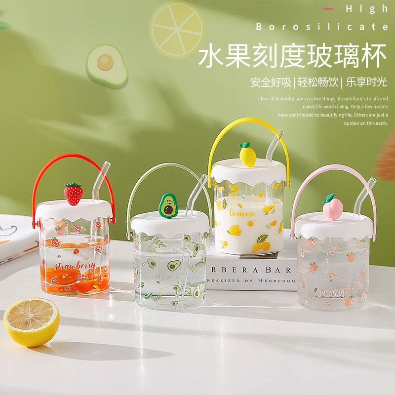 Ins-style fruit-scale glass cup, high school girls' appearance level, hand-held juice and milk cup with lid, straw cup, girl's best friend cup