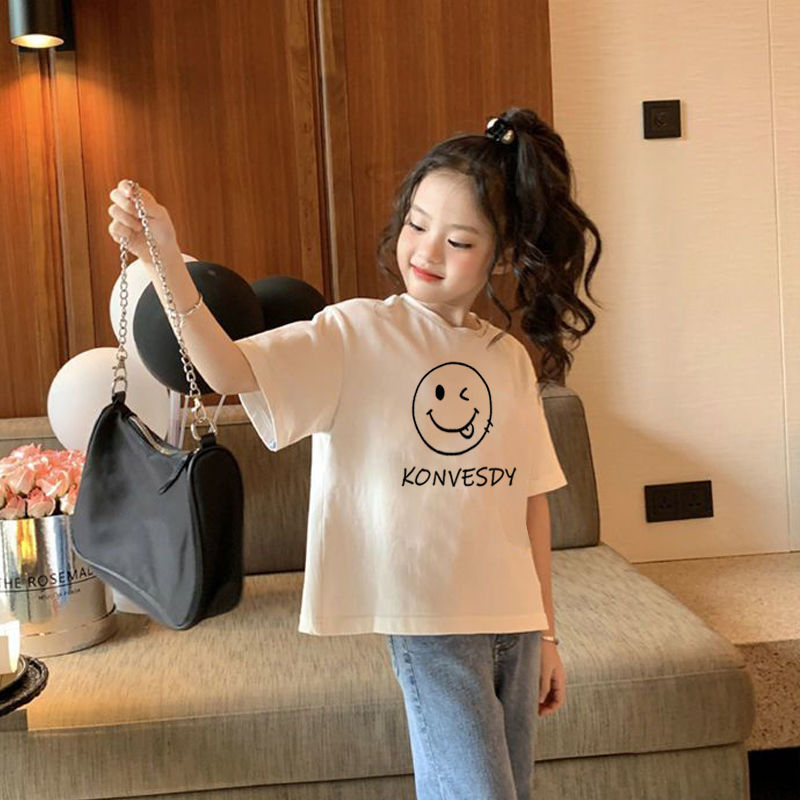 Girls' short-sleeved pure cotton T-shirt, new summer loose top, simple printed children's casual T-shirt from Zhongda Children's Clothing details Picture