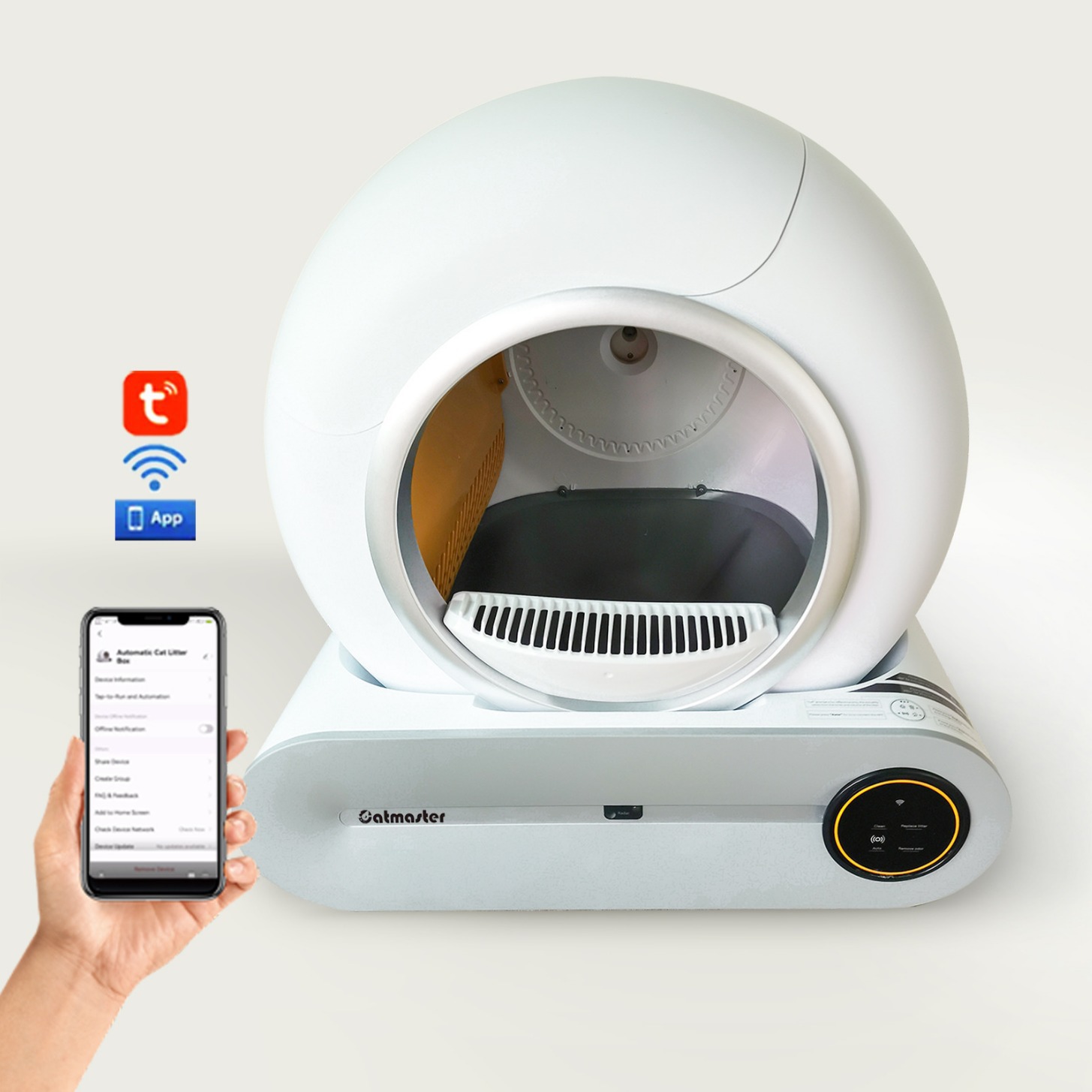 The smart cat toilet is a fully enclosed, oversized automatic cleaning cat toilet that can be remotely controlled. The smart cat litter box for pets is also available Item Picture