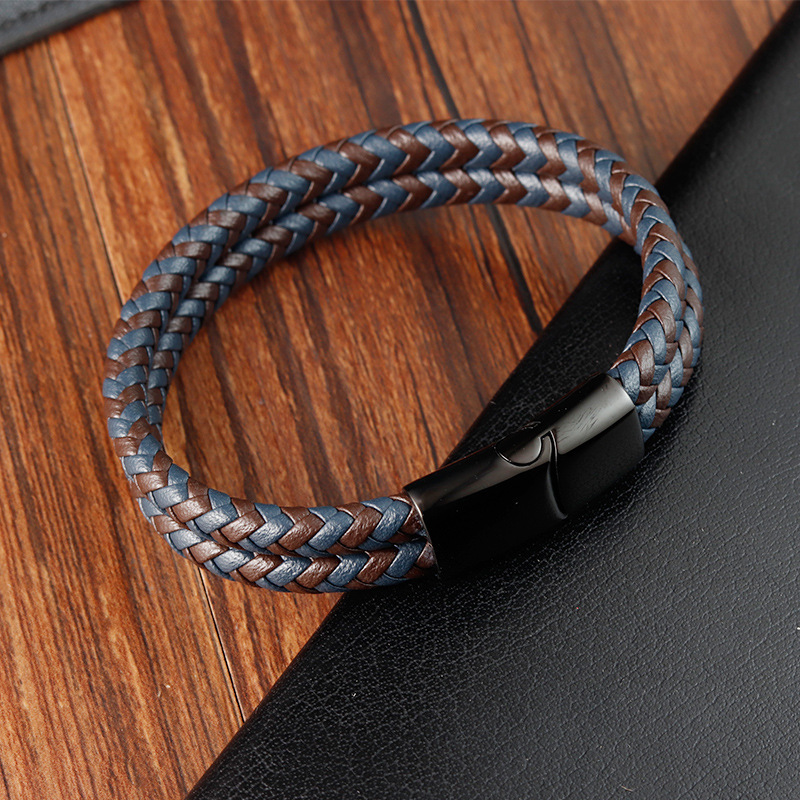 Europe And The United States Explosive Stainless Steel Leather Bracelet Men's Black Magnet Buckle Microfiber Leather Braided Stainless Steel Bracelet Application Scenario