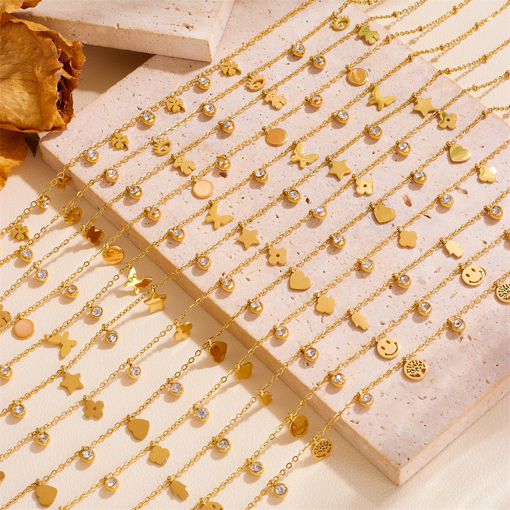 钛钢多吊坠颈链 不锈钢四叶草爱心星星月亮恶魔之眼带钻项链项饰