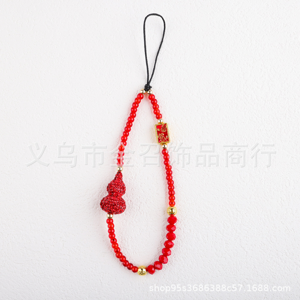 New Year's Chinese-style mobile phone chain, national trend red gourd gemstone rich lady mobile phone pendant, beaded wealth god pendant Specification image