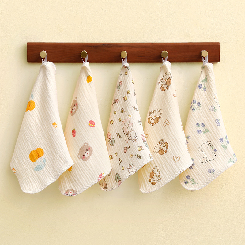 Baby saliva towel, four-layer gauze square towel, soft and absorbent, can be hung, kindergarten children's towel, baby wash face details Picture