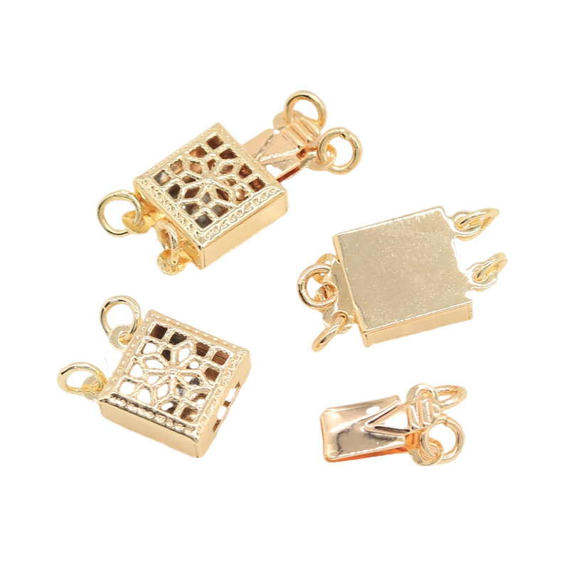 Zhongxing 14K real gold hollowed-out square pattern clasp necklace bracelet with end buckle connection diy accessory Item Picture